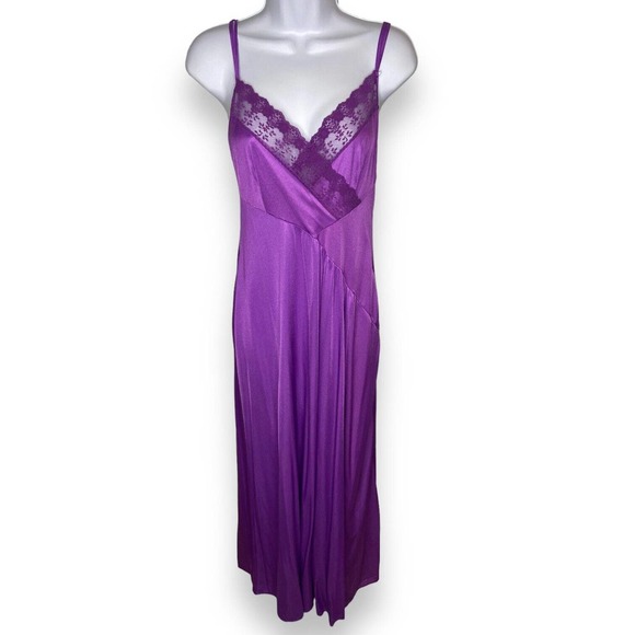 VTG Undercover Wear Medium Long Satin Nightgown Purple Lace Side Split Strappy - Picture 1 of 13